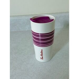 Tim Hortons 2015 Limited Edition Ceramic Travel Mug Tumbler Purple Stripes 12oz‎